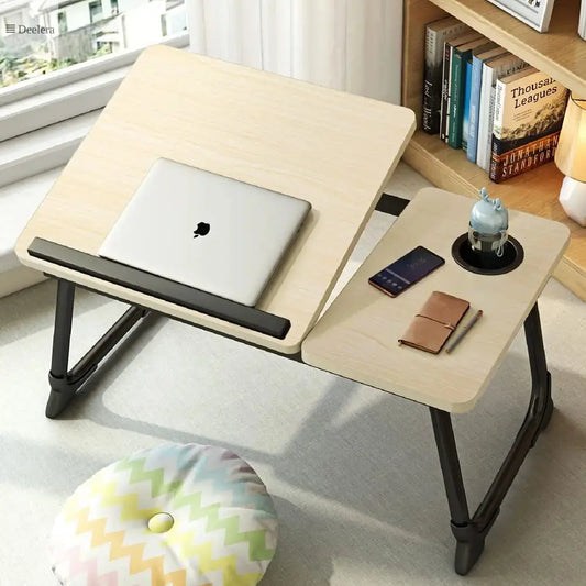 Folding Computer Desk with Adjustable Tilt & Cup Holder – Portable Laptop Table for Bed or Sofa Deelera